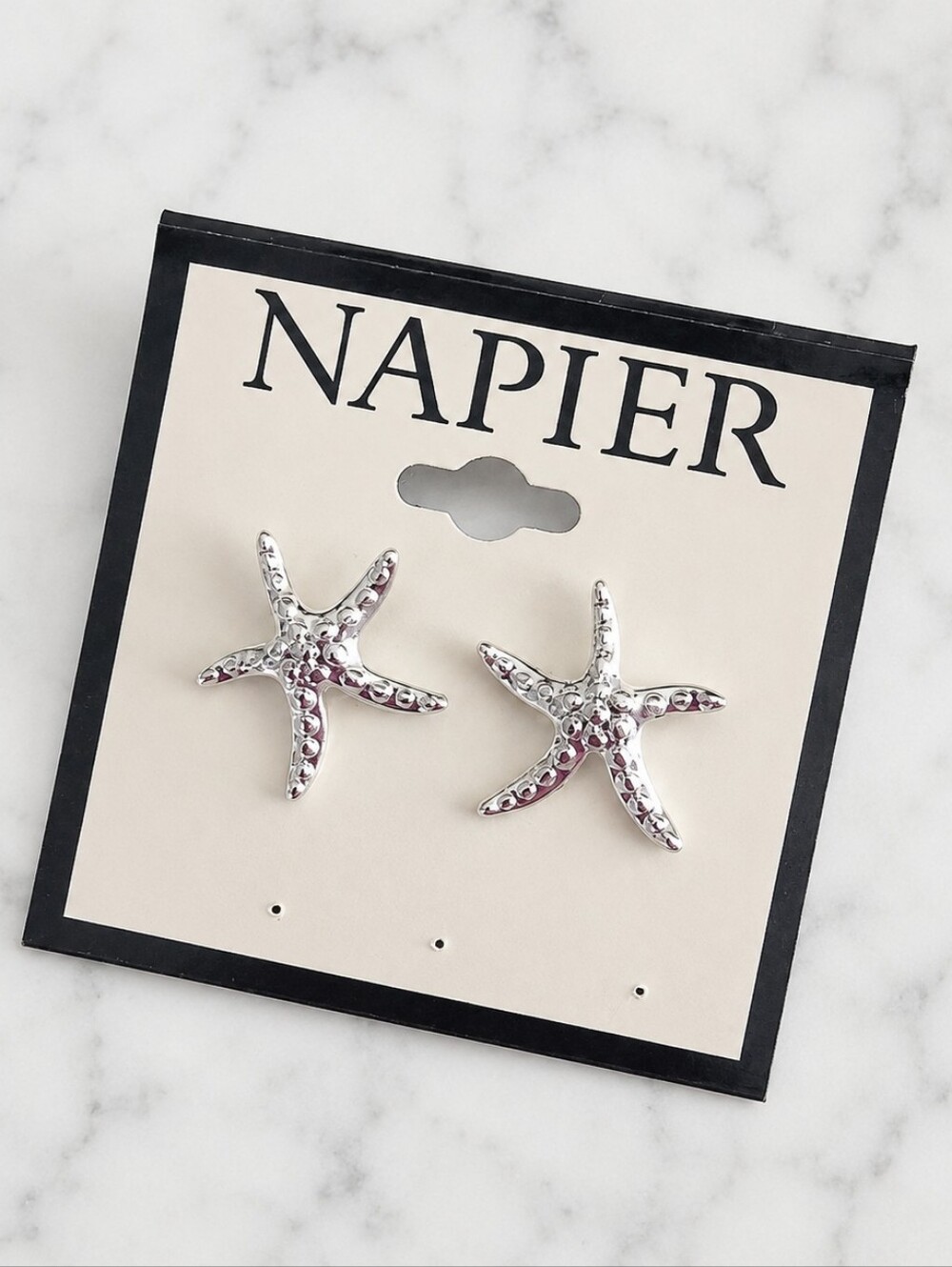 NWT Napier Silver Tone Textured Starfish Earrings Coastal Mermaidcore Beach